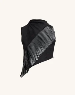 Adeline Asymmetric Fringe Sueded Top - Black