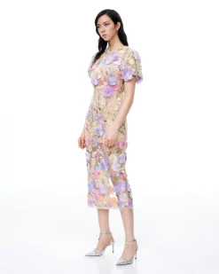 Alaric Round Neck 3D Floral Embroidered Maxi Dress - Pastel Multi