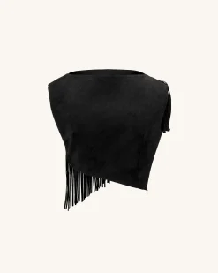 Ariana Asymmetric Fringe Sueded Top - Black
