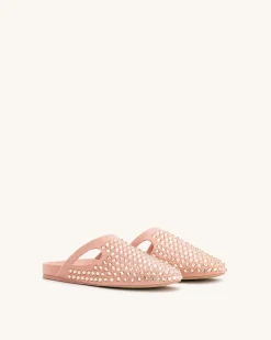 Athena Artificial Crystal Flat Mules - Pink Beige