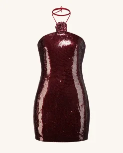 Burgundy Sequinned Halter Mini Dress - Burgundy