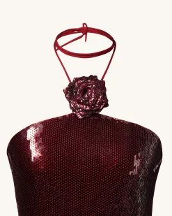 Burgundy Sequinned Halter Mini Dress - Burgundy