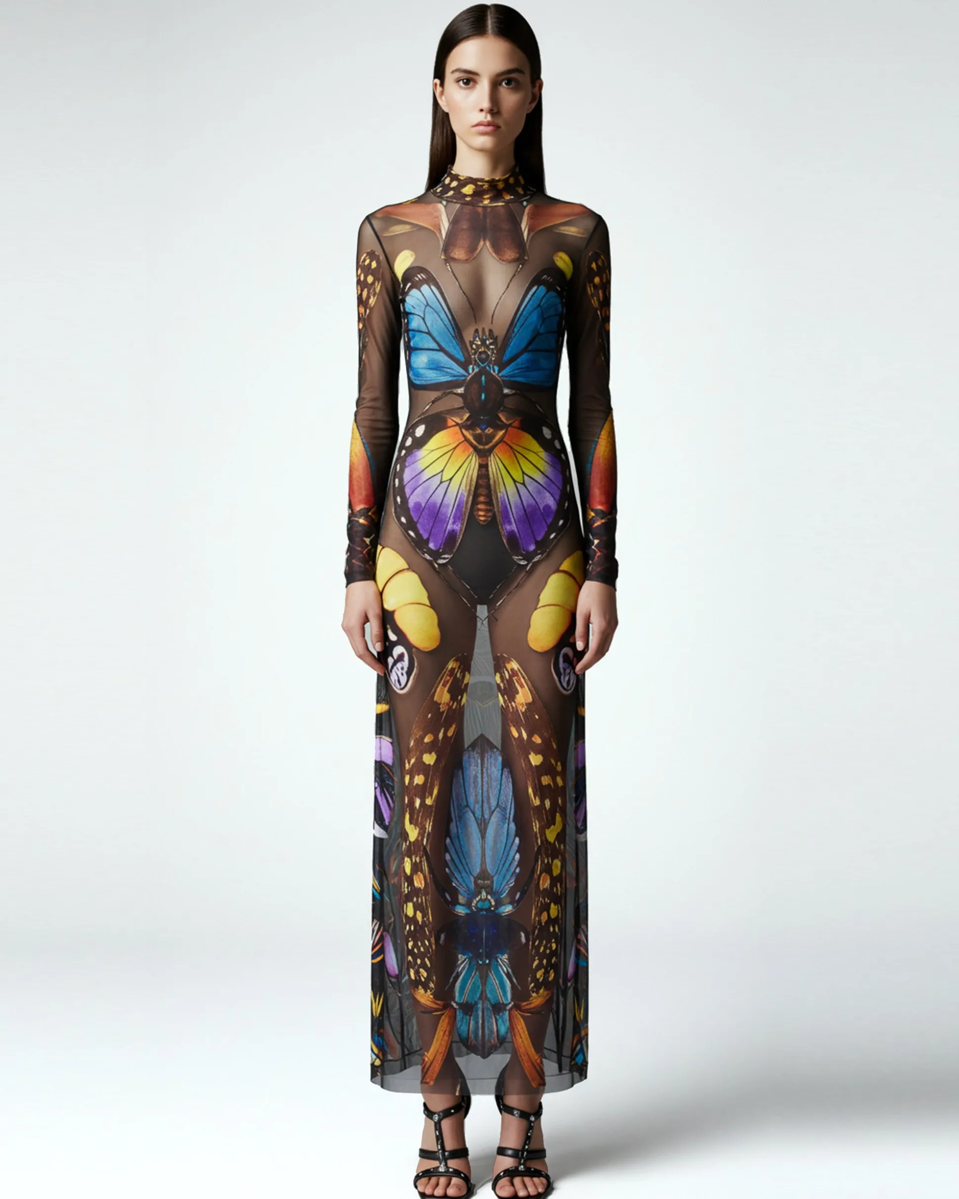 Butterfly Mesh Maxi Dress - Multicolor