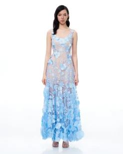 Clementine 3D Floral Embroidered Dress - Blue