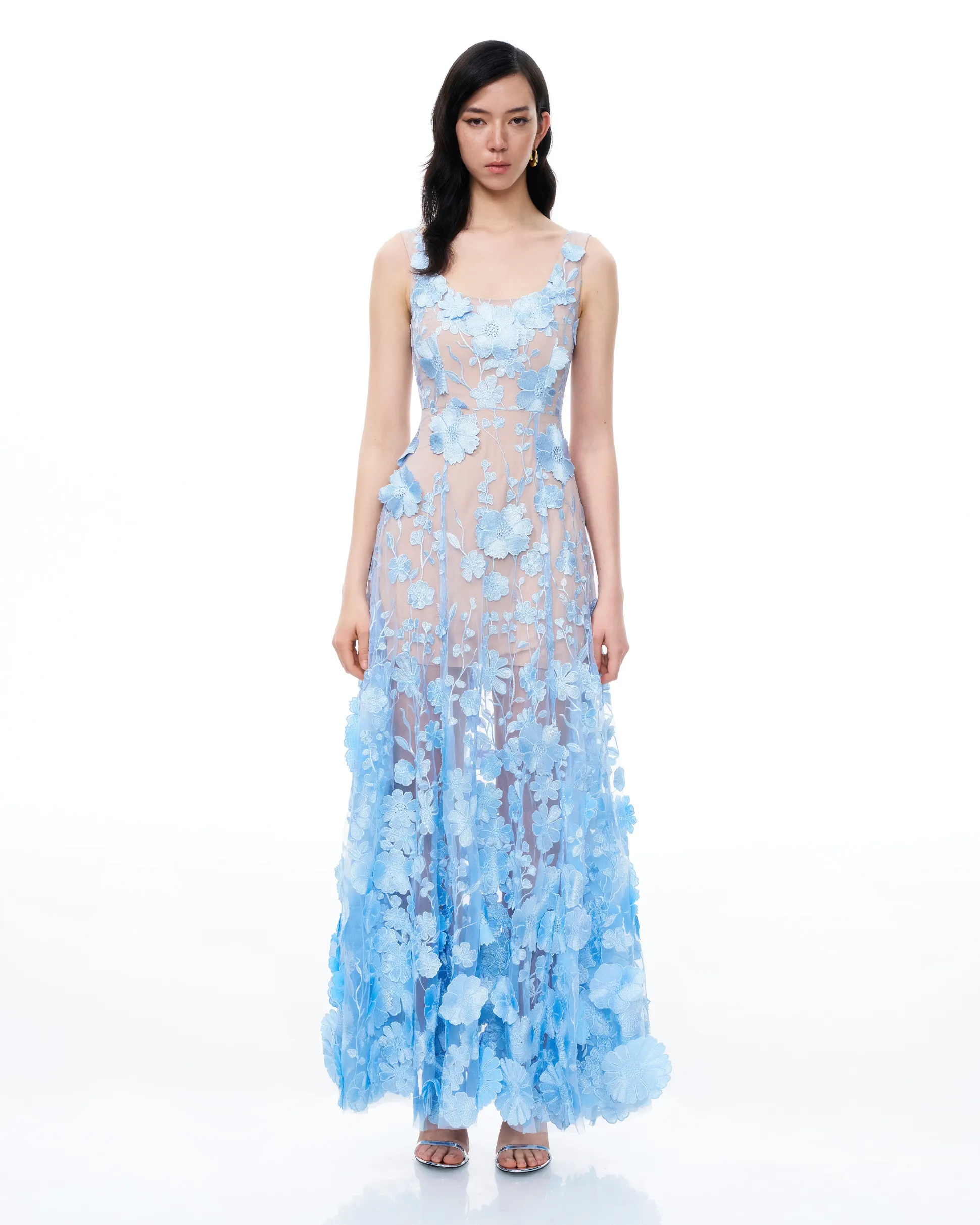 Clementine 3D Floral Embroidered Dress - Blue