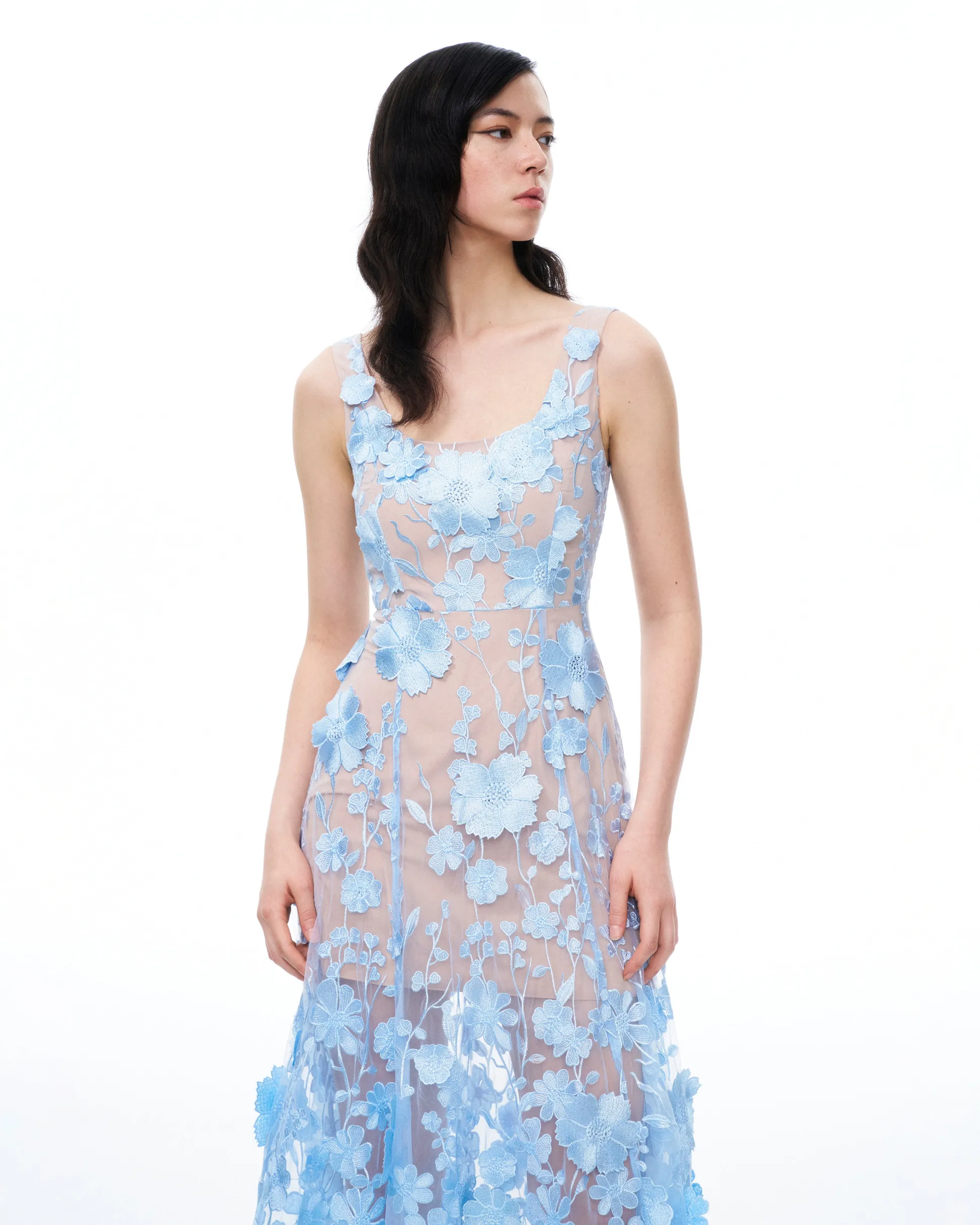 Clementine 3D Floral Embroidered Dress - Blue