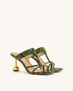Cora Snakeskin Heeled Flip Flops - Green