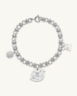Cosmos Round Multi Charm Bracelet - 18ct White Gold Plated & White Zir