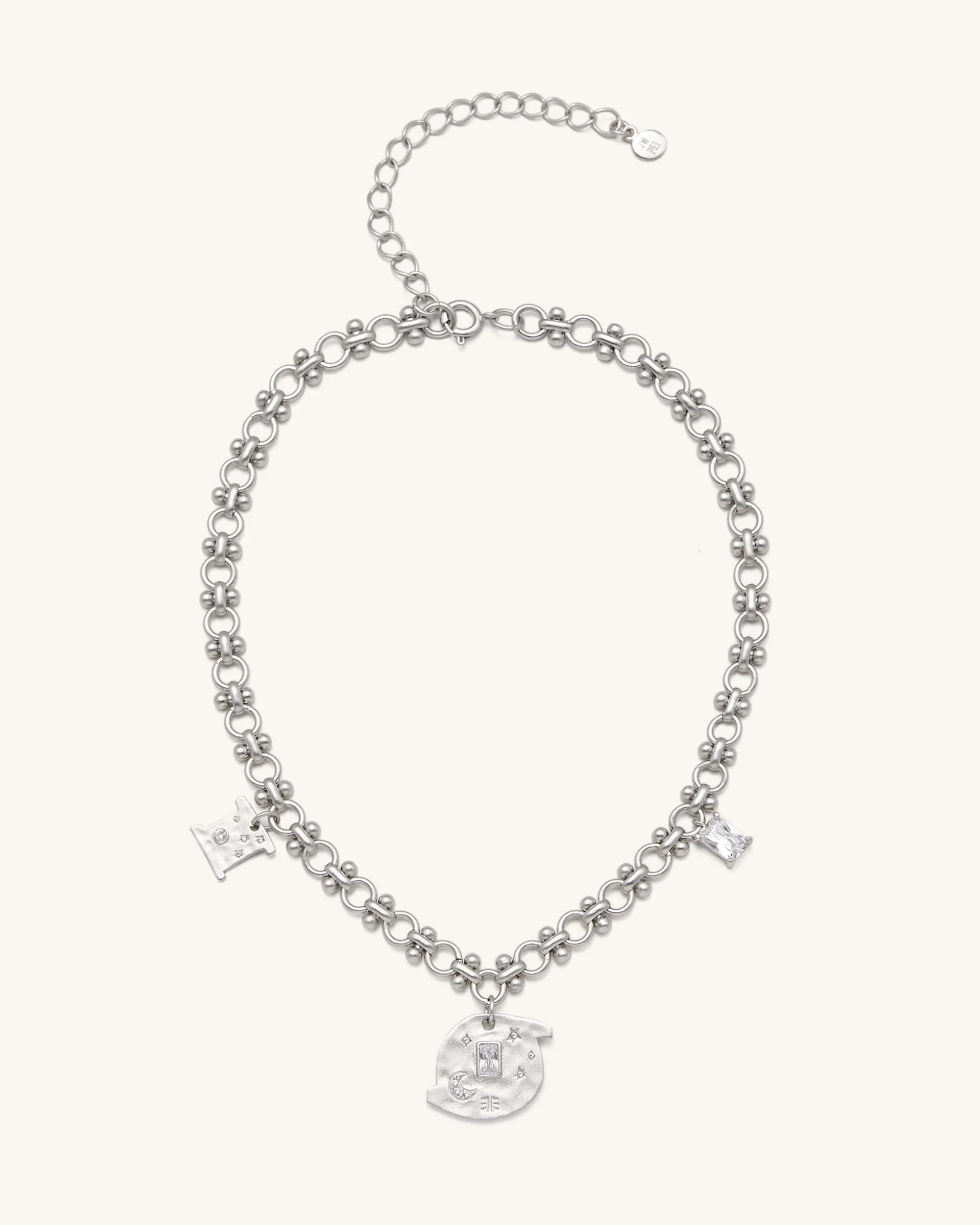 Cosmos Round Multi Charm Necklace - 18ct White Gold Plated & White Zir