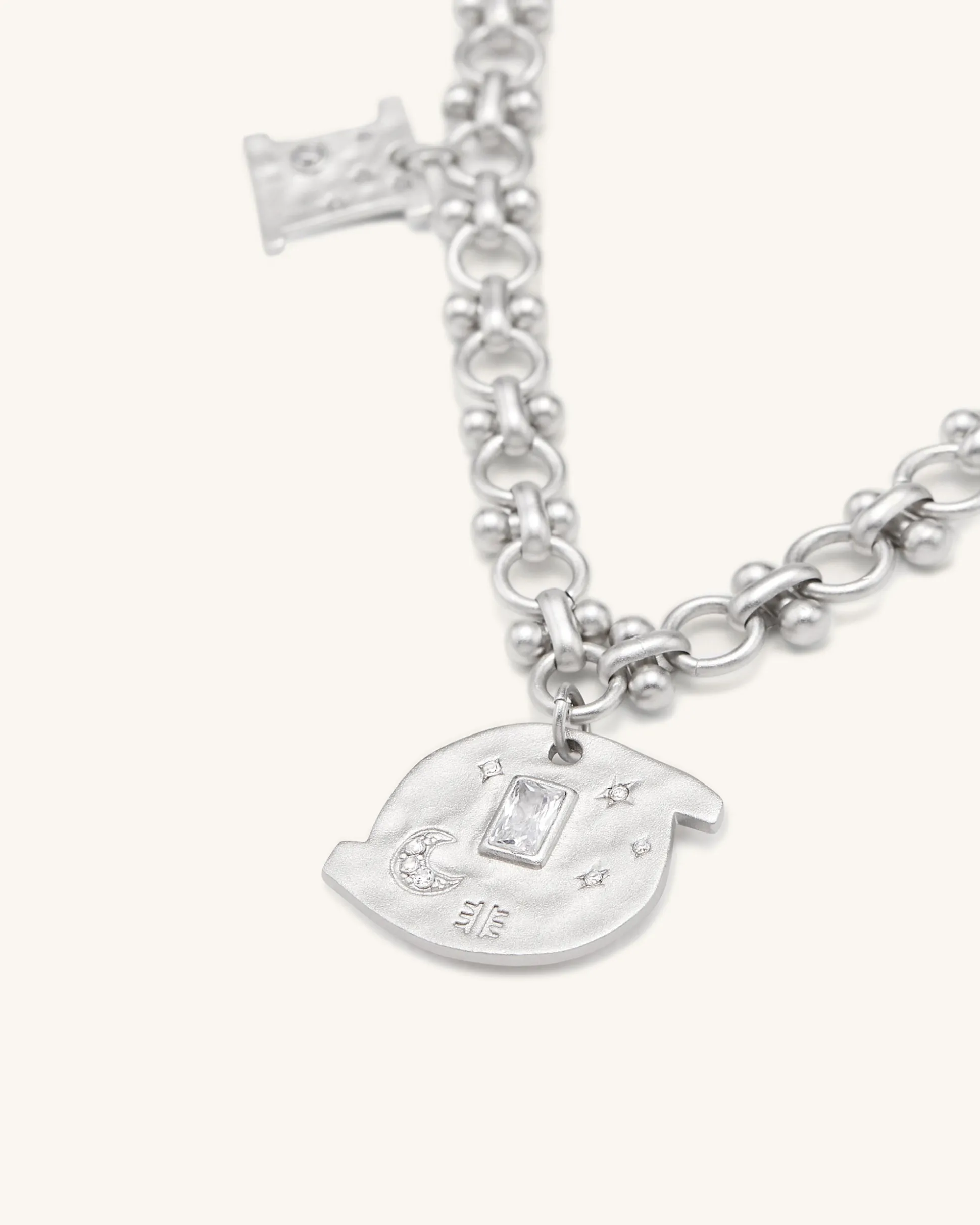 Cosmos Round Multi Charm Necklace - 18ct White Gold Plated & White Zir