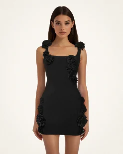 Elaina Black Rosette Applique Mini Dress - Black