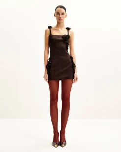 Elaina Pink Rosette Applique Mini Dress - Chocolate Brown