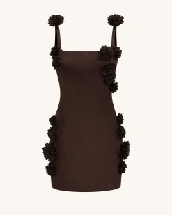 Elaina Pink Rosette Applique Mini Dress - Chocolate Brown