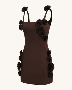 Elaina Pink Rosette Applique Mini Dress - Chocolate Brown