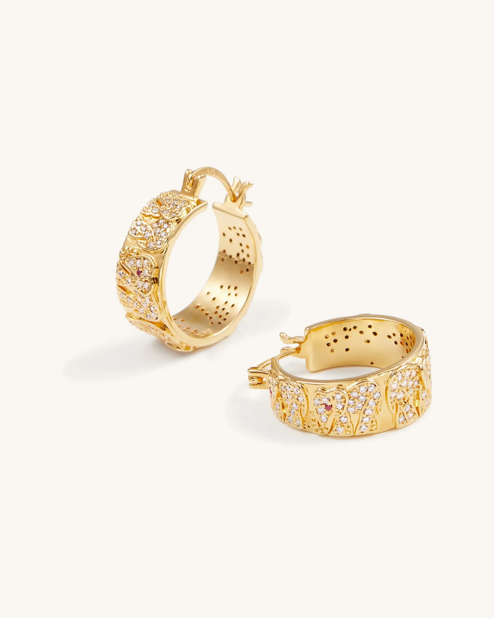 Elephant Earrings - 18ct Gold Plated & White Zircon & Red Corundum