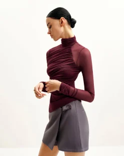 Ella Sheer Ruched Turtleneck Top - Burgundy