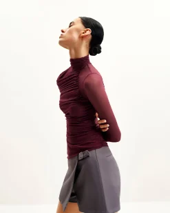 Ella Sheer Ruched Turtleneck Top - Burgundy