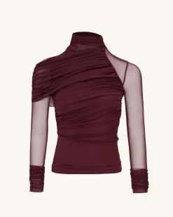 Ella Sheer Ruched Turtleneck Top - Burgundy