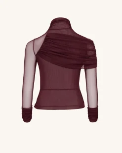 Ella Sheer Ruched Turtleneck Top - Burgundy