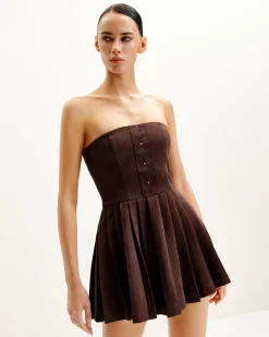 Ellie Pleated Velvet Dress - Chocolate Brown