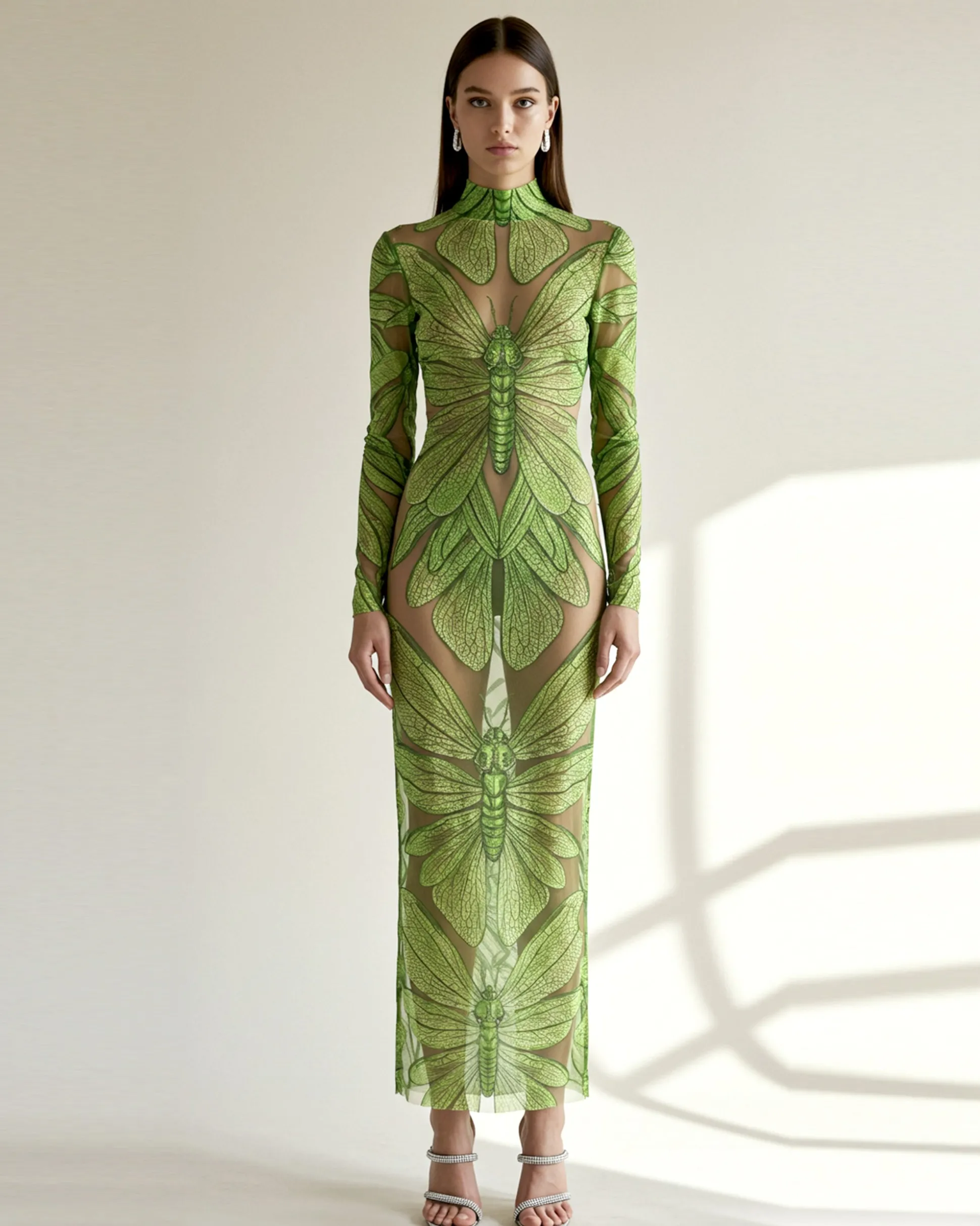 Emerald Dragonfly Sheer Mesh Gown - Green