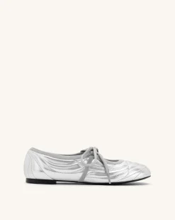 Erika Topstitching lace-up ballet Flats- Silver