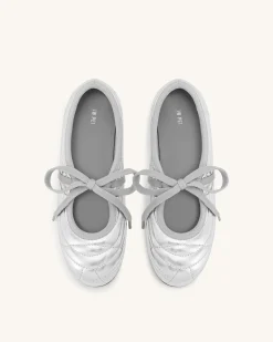 Erika Topstitching lace-up ballet Flats- Silver