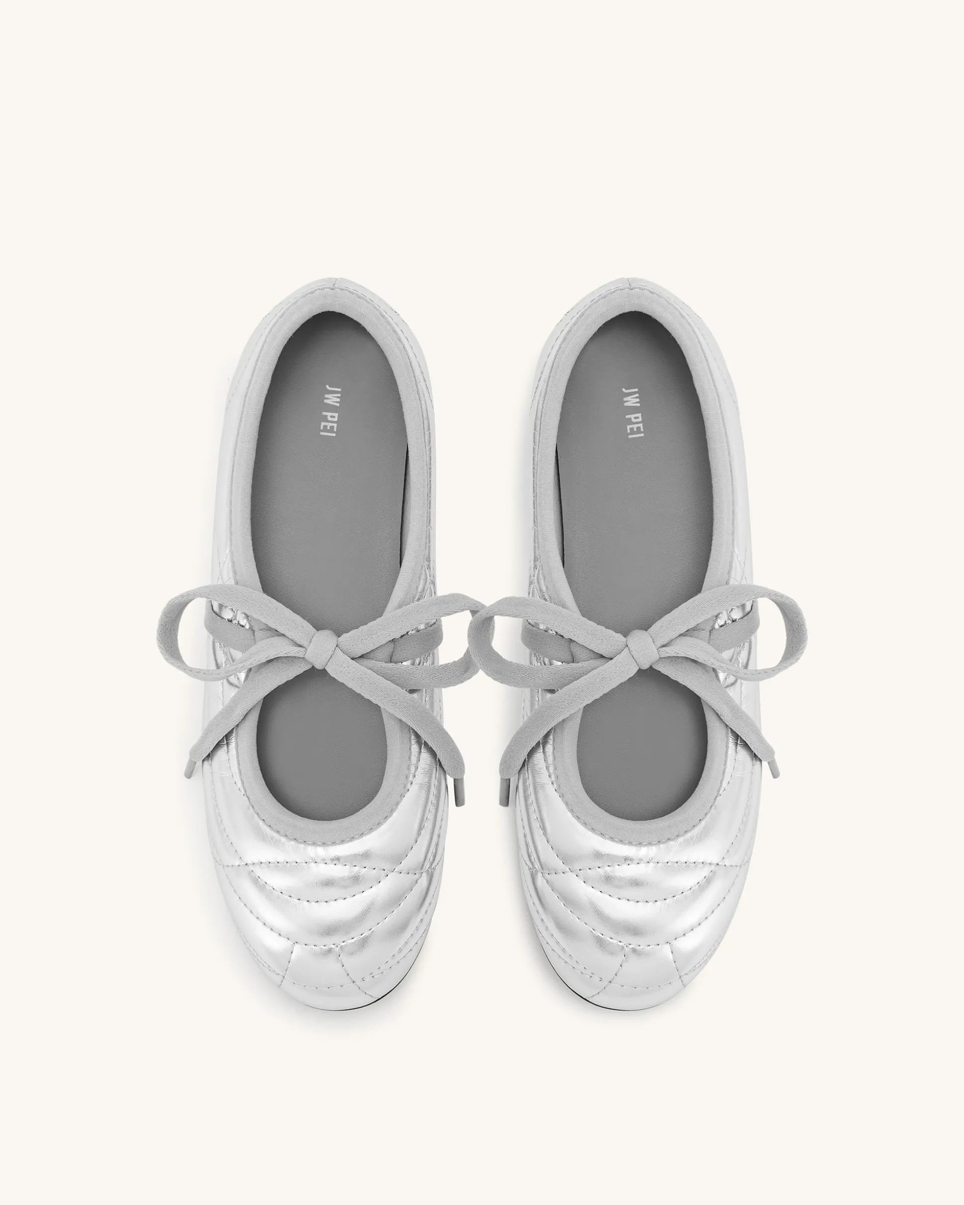 Erika Topstitching lace-up ballet Flats- Silver