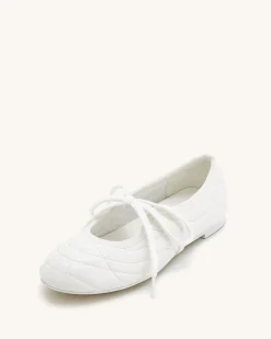 Erika Topstitching lace-up ballet Flats- White