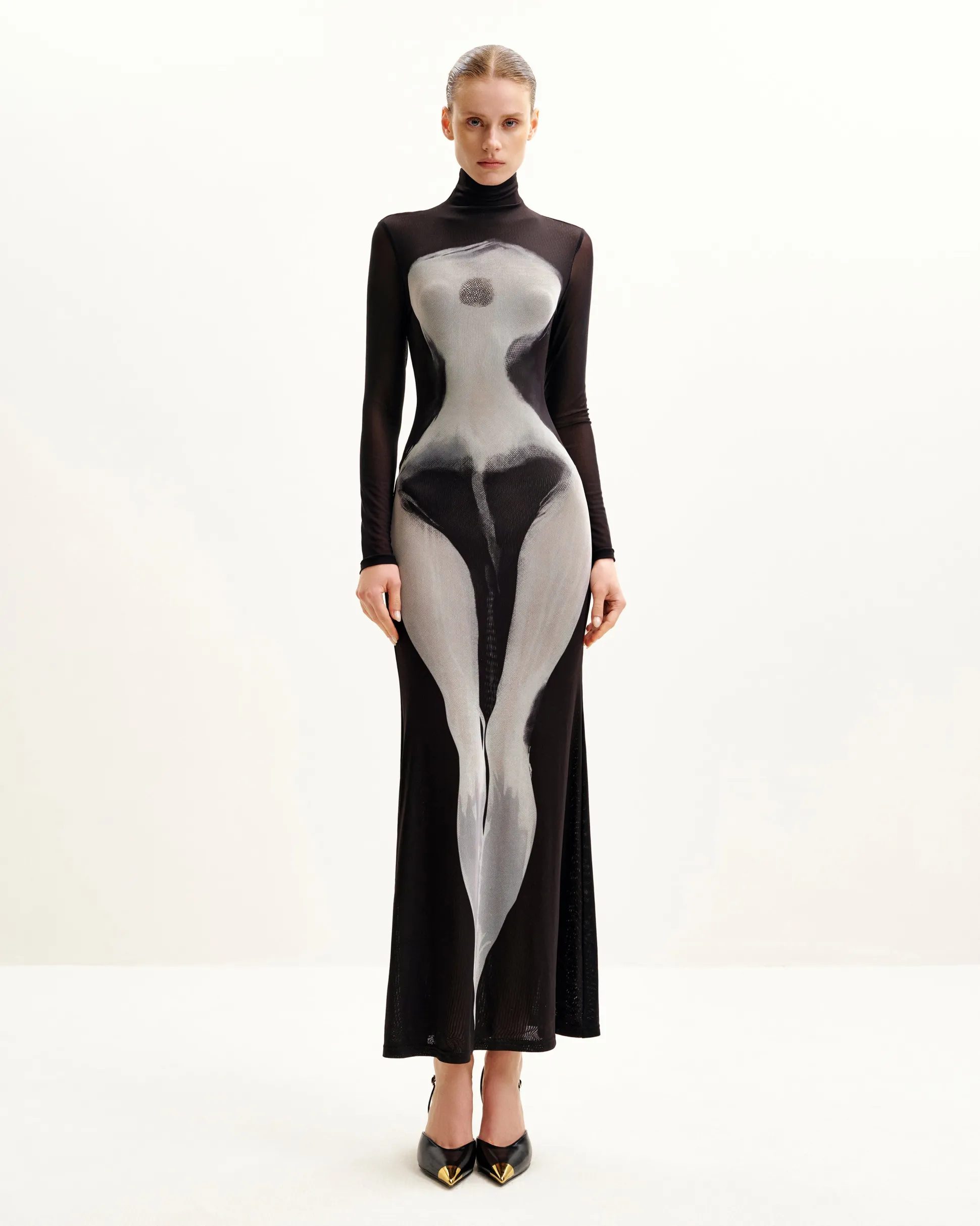 Eva Body Print Mesh Dress - Black and White