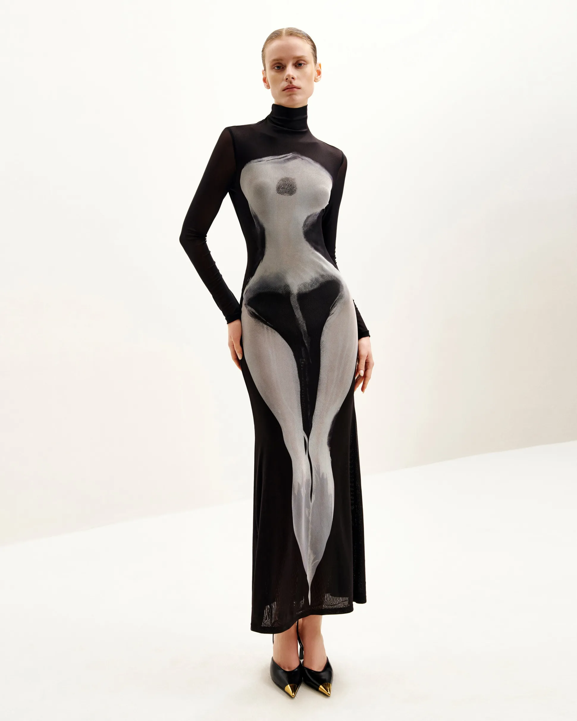 Eva Body Print Mesh Dress - Black and White