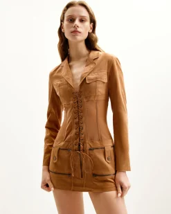 Faux Suede Corset Jacket Mini Dress - Camel