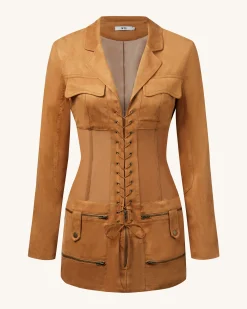Faux Suede Corset Jacket Mini Dress - Camel