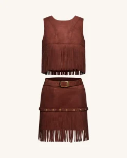 Faux Suede Fringe Halter - Burgundy