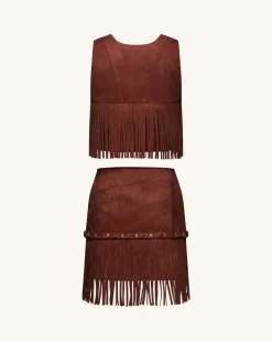 Faux Suede Fringe Halter - Burgundy