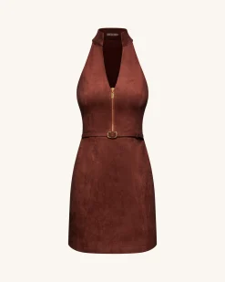 Faux Suede Halter Neck Zip-Front Mini Dress - Burgundy