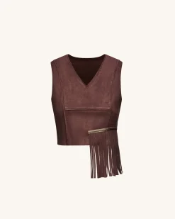 Faux Suede V-Neck Fringe Top - Chocolate Brown