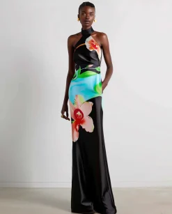 Floral Satin Halter Dress - Multicolor Black