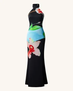 Floral Satin Halter Dress - Multicolor Black