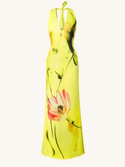 Floral Satin Halter Dress - Yellow/Pink