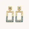 Geometrical Openwork Rectangle Earrings - 18ct Gold Plated & Sea Blue