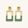 Geometrical Openwork Rectangle Earrings - 18ct Gold Plated & Green Nan