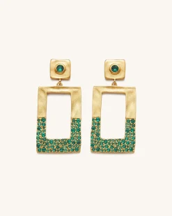 Geometrical Openwork Rectangle Earrings - 18ct Gold Plated & Green Nan
