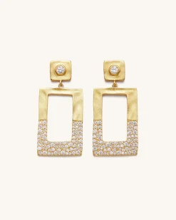 Geometrical Openwork Rectangle Earrings - 18ct Gold Plated & White Zir