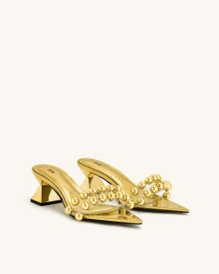 Gianna Beaded Strap Mules - Gold