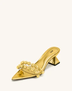 Gianna Beaded Strap Mules - Gold