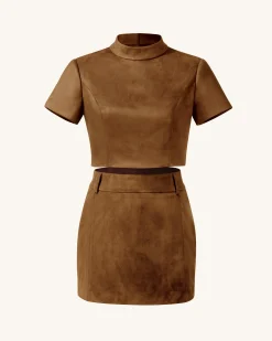 Grace Faux Suede Crop Top and Mini Skirt Set - Camel