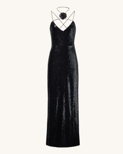 Heisey Black Sequinned Rosette Maxi Dress - Black