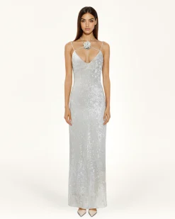 Heisey White Sequinned Rosette Maxi Dress - White