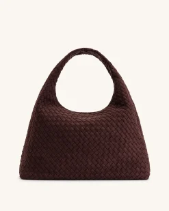 Iaura Faux Suede Woven Shoulder Bag - Dark Brown